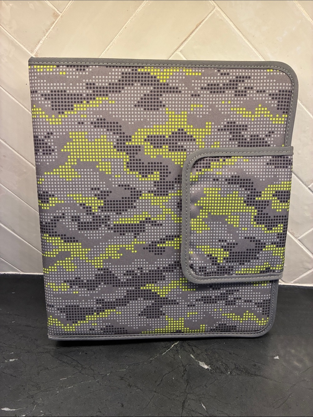 Pottery Barn Teen Gray and Neon Yellow Pixel Camouflage Tablet Folio